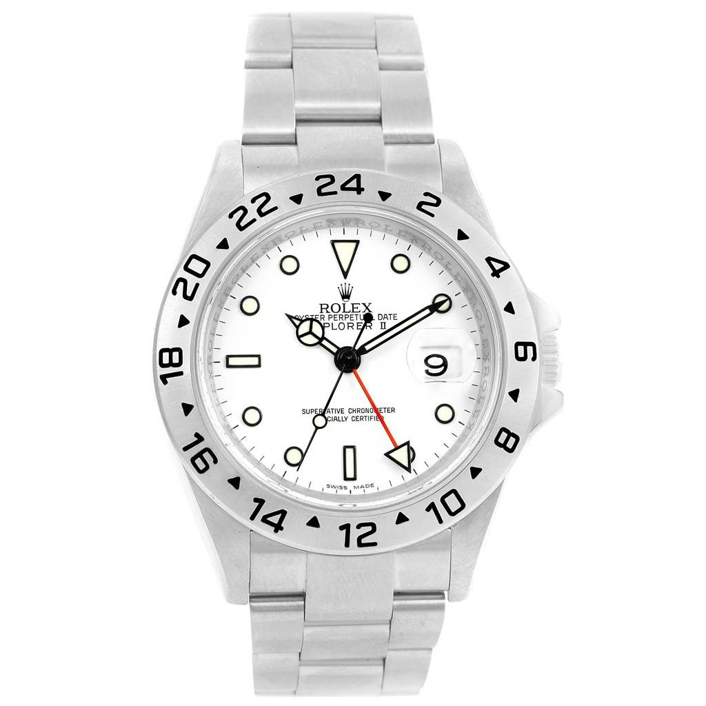 This image shows a Rolex Explorer 16570 Men's Stainless Steel White Dial 16570 Men's Stainless Steel White Dial watch, featuring a front view with a white dial, date window, and stainless steel bracelet.
