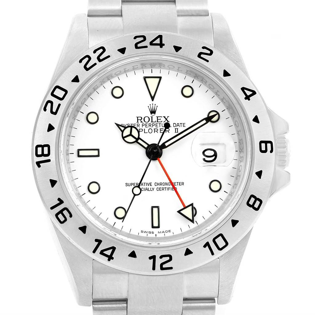 The Rolex Explorer 16570 Men's Stainless Steel White Dial 16570 Men's Stainless Steel White Dial watch is shown at a straight-on angle, displaying the face, bezel, and part of the bracelet.