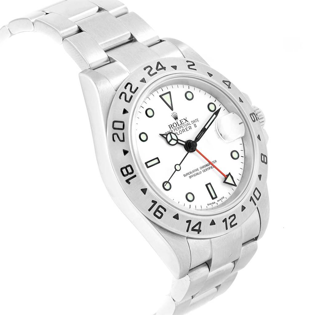 The Rolex Explorer 16570 Men's Stainless Steel White Dial 16570 Men's Stainless Steel White Dial watch is shown at an angle displaying the face, bezel, portion of the band, and crown.