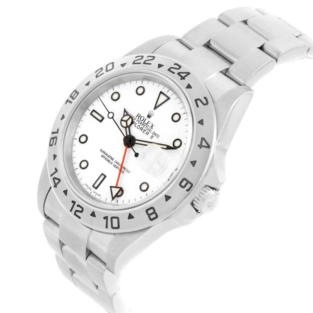 The image shows a Rolex Explorer 16570 Men's Stainless Steel White Dial 16570 Men's Stainless Steel White Dial watch at an oblique angle, highlighting the dial, bezel, and part of the bracelet.