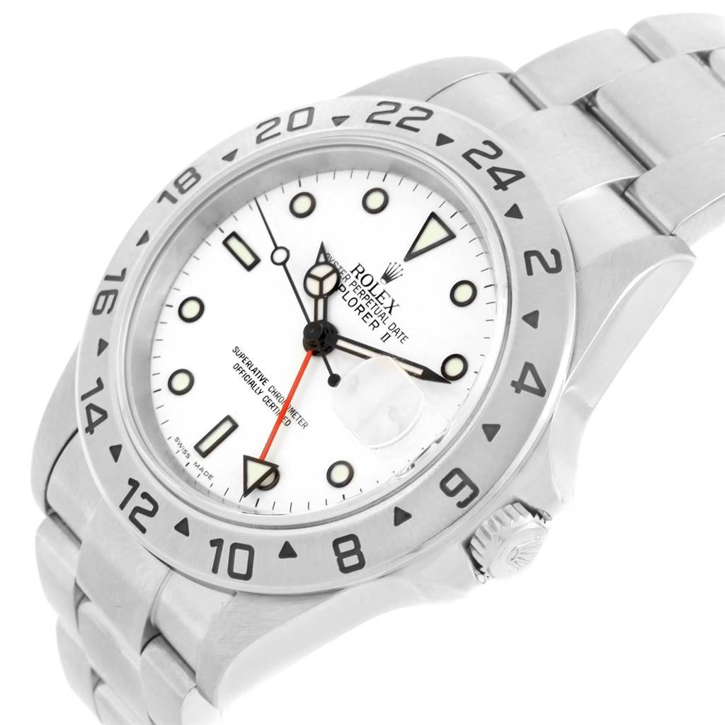 This image shows a close-up of the dial and bezel of a Rolex Explorer 16570 Men's Stainless Steel White Dial 16570 Men's Stainless Steel White Dial watch at a slight angle.