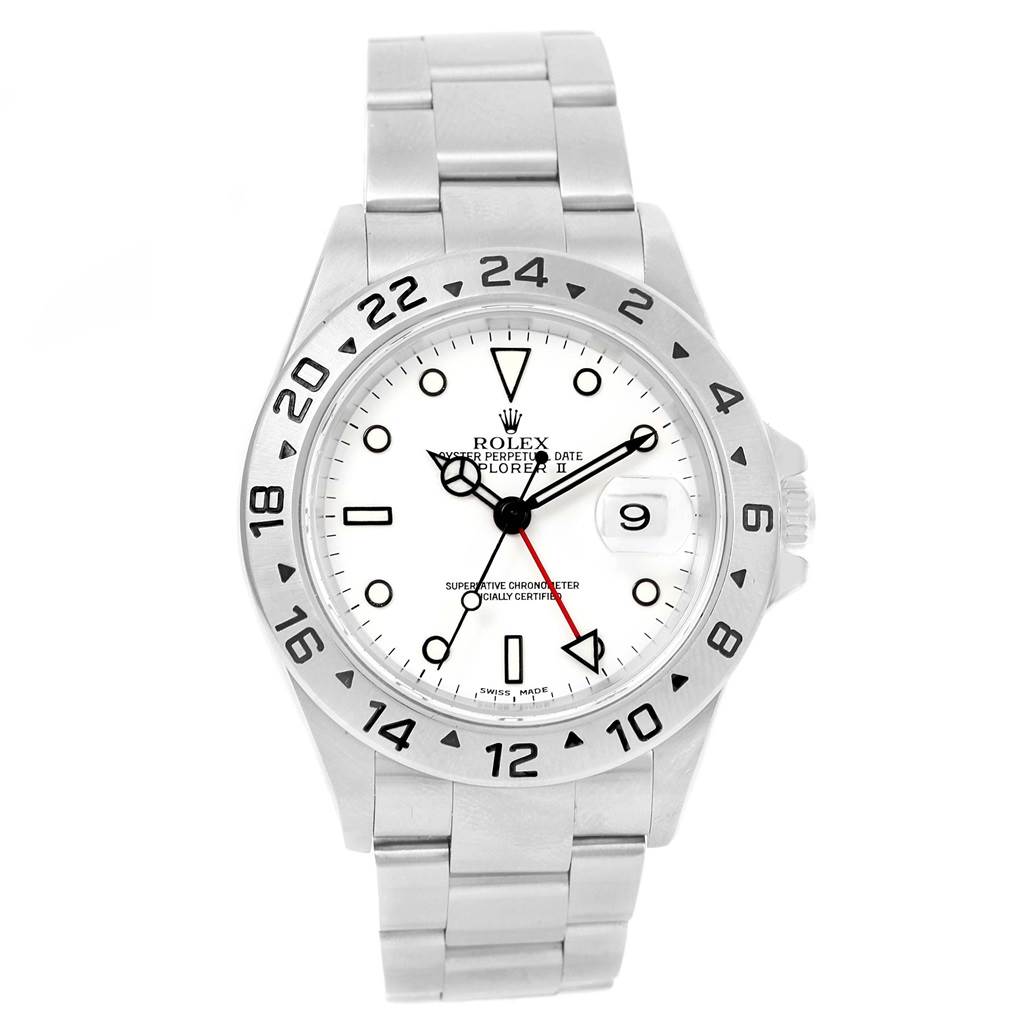 The image shows a Rolex Explorer 16570 Men's Stainless Steel White Dial 16570 Men's Stainless Steel White Dial watch from a top-down angle, displaying its face, bezel, and bracelet.