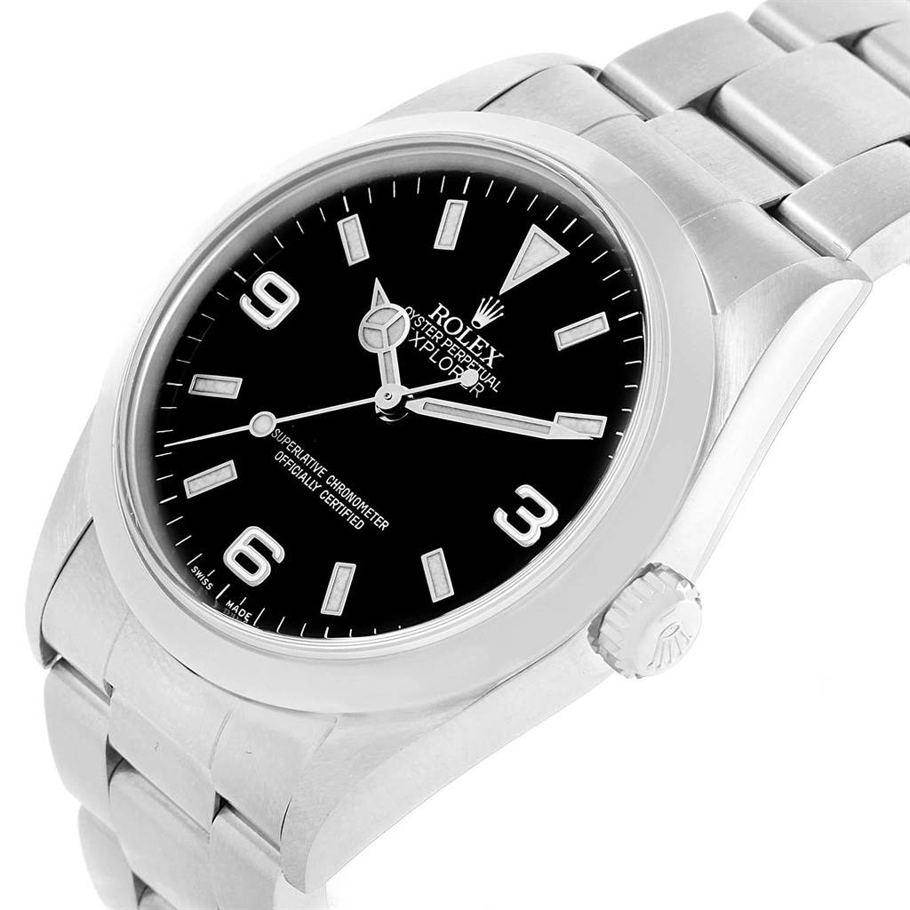 The Rolex Explorer 114270 Men's Stainless Steel Black Dial 114270 Men's Stainless Steel Black Dial watch is shown at a slight angle, highlighting its dial, bezel, crown, and part of the bracelet.