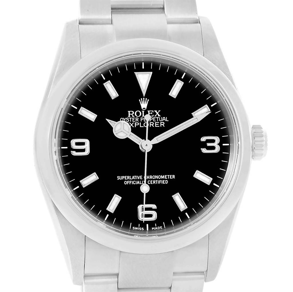 The image shows a front view of the Rolex Explorer 114270 Men's Stainless Steel Black Dial 114270 Men's Stainless Steel Black Dial watch, displaying the dial, hands, hour markers, case, and part of the bracelet.