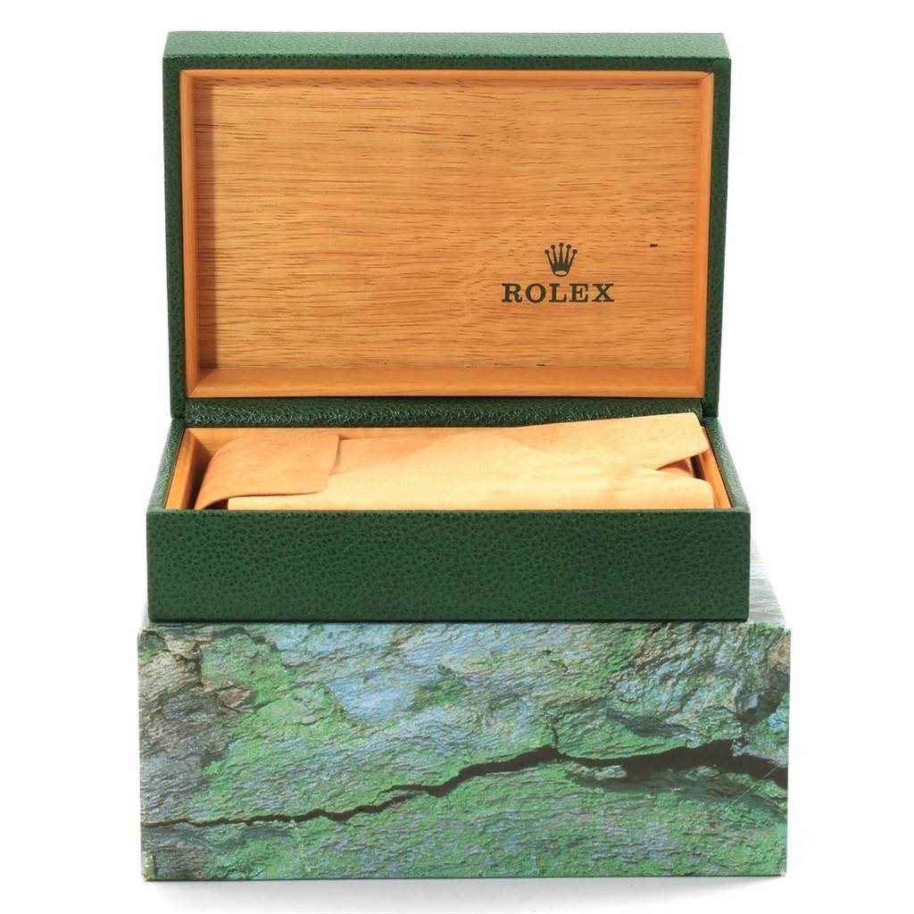 The image shows a Rolex Explorer 114270 Men's Stainless Steel Black Dial 114270 Men's Stainless Steel Black Dial model watch box from a front view, with the lid open and a cloth covering inside.