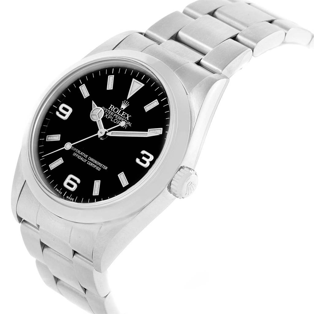 The image shows a Rolex Explorer 114270 Men's Stainless Steel Black Dial 114270 Men's Stainless Steel Black Dial watch from an angled side view, highlighting the face, crown, and the stainless-steel bracelet.
