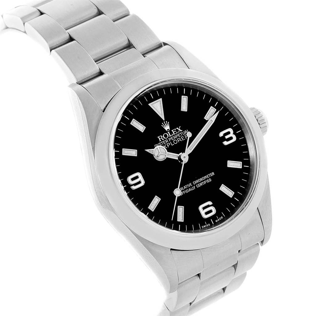 The Rolex Explorer 114270 Men's Stainless Steel Black Dial 114270 Men's Stainless Steel Black Dial model watch is shown from a front angle, displaying its black dial, silver hour markers, and metal bracelet.