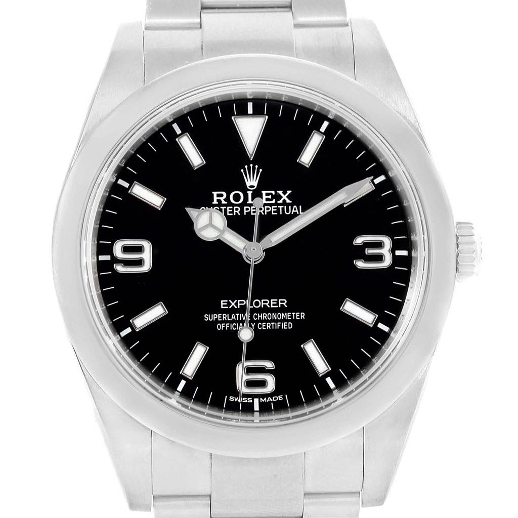 The image shows a front view of the Rolex Explorer 214270 Men's Stainless Steel Black Dial 214270 Men's Stainless Steel Black Dial watch, focusing on the dial, bezel, crown, and part of the bracelet.