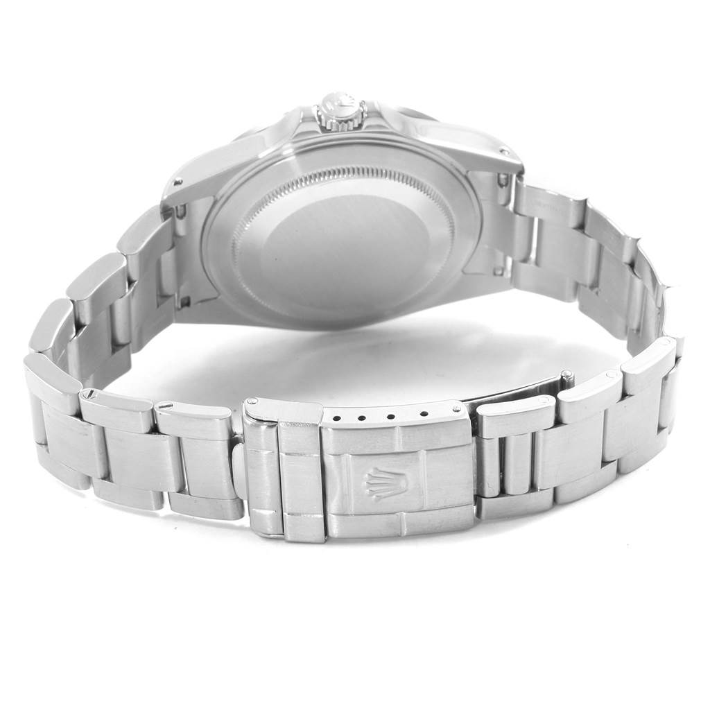 This image displays the back case, bracelet, and clasp of a Rolex Explorer 16570 Men's Stainless Steel White Dial 16570 Men's Stainless Steel White Dial watch in a slightly angled rear view.