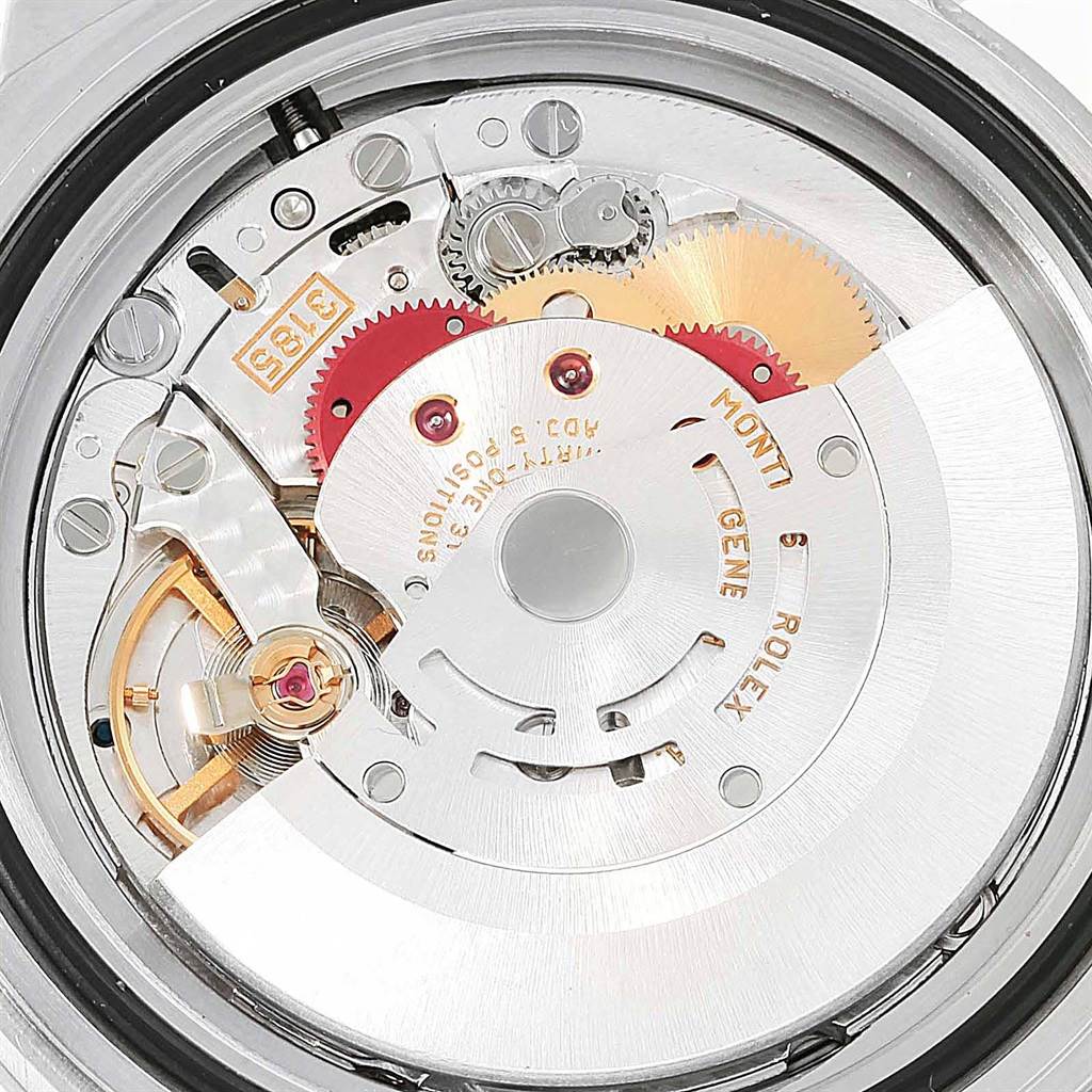 The image shows the internal mechanism and gears of a Rolex Explorer 16570 Men's Stainless Steel White Dial 16570 Men's Stainless Steel White Dial watch from a close-up, overhead angle.