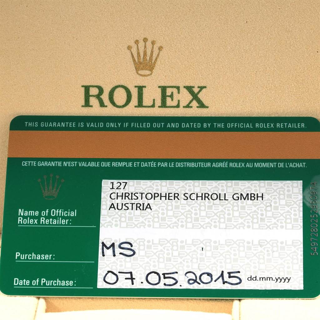 This image shows the guarantee card for the Rolex Explorer 216570 Men's Stainless Steel White Dial 216570 Men's Stainless Steel White Dial model.