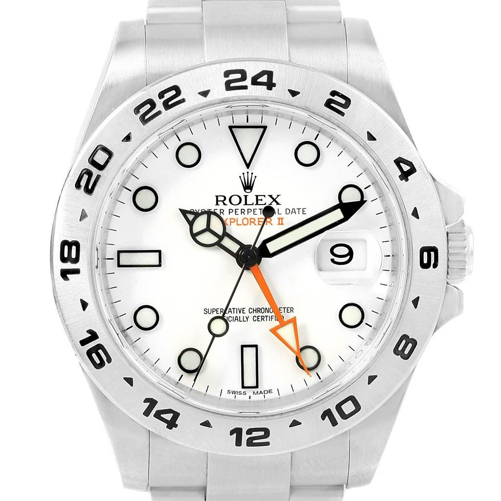 The image shows a front view of the Rolex Explorer 216570 Men's Stainless Steel White Dial 216570 Men's Stainless Steel White Dial watch, highlighting its dial, bezel, hands, and bracelet.