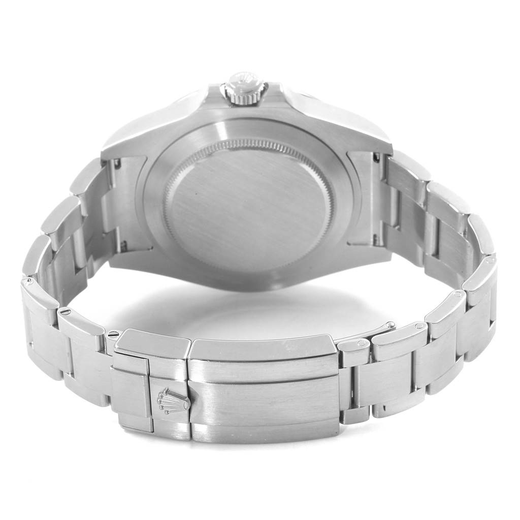 The image shows the backside view of a Rolex Explorer 216570 Men's Stainless Steel White Dial 216570 Men's Stainless Steel White Dial watch, highlighting its case back, crown, and metal bracelet with clasp.