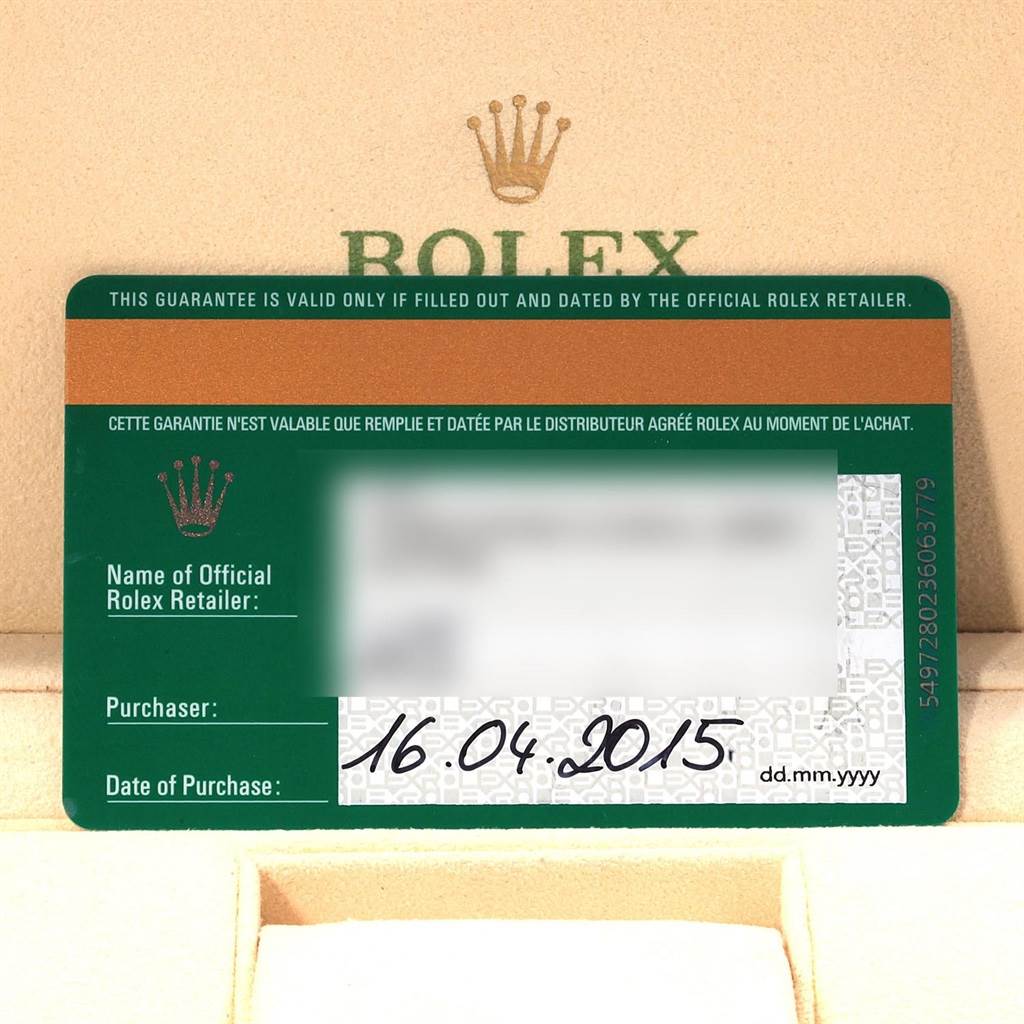 The image shows the guarantee card for the Rolex Explorer 216570 Men's Stainless Steel White Dial 216570 Men's Stainless Steel White Dial watch inside its beige box.