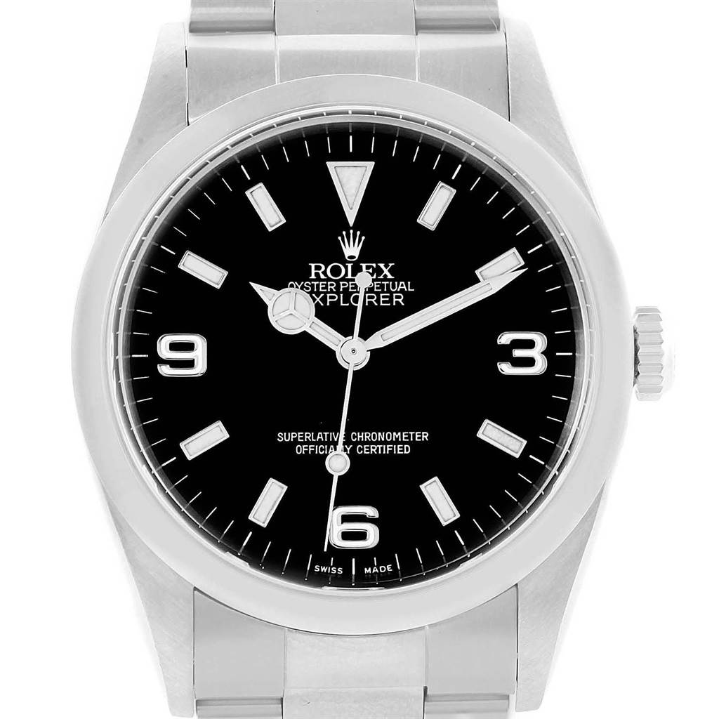 This image shows a front view of a Rolex Explorer 114270 Men's Stainless Steel Black Dial 114270 Men's Stainless Steel Black Dial watch displaying the dial, hands, crown, and part of the bracelet.
