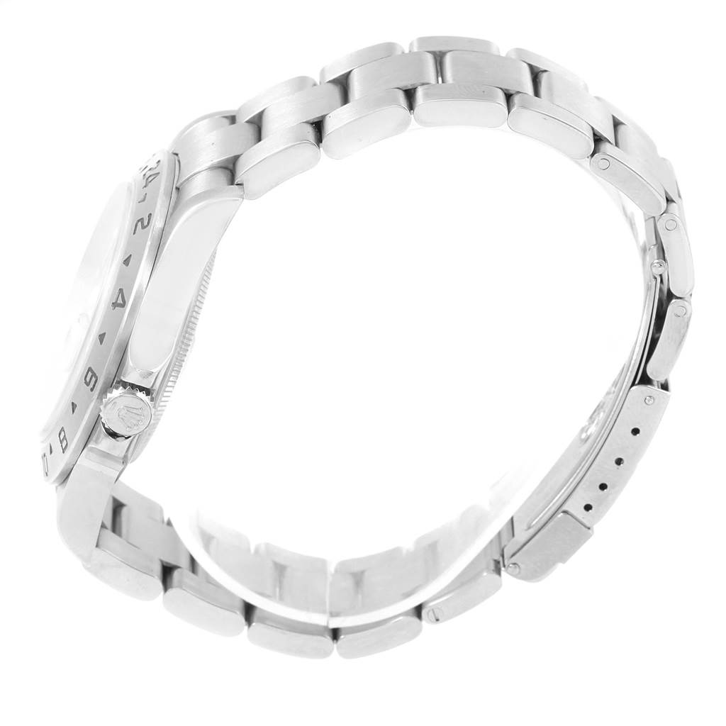 This image shows a side view of a Rolex Explorer 16570 Men's Stainless Steel White Dial 16570 Men's Stainless Steel White Dial watch, highlighting its stainless steel bracelet and crown.