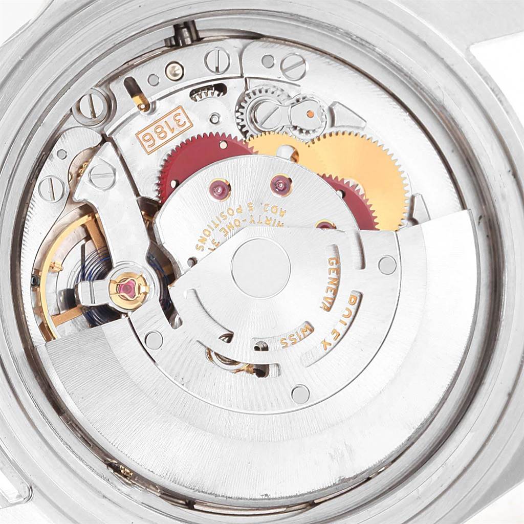 This image shows the internal mechanical movement of a Rolex Explorer 16570 Men's Stainless Steel White Dial 16570 Men's Stainless Steel White Dial watch from an overhead angle.