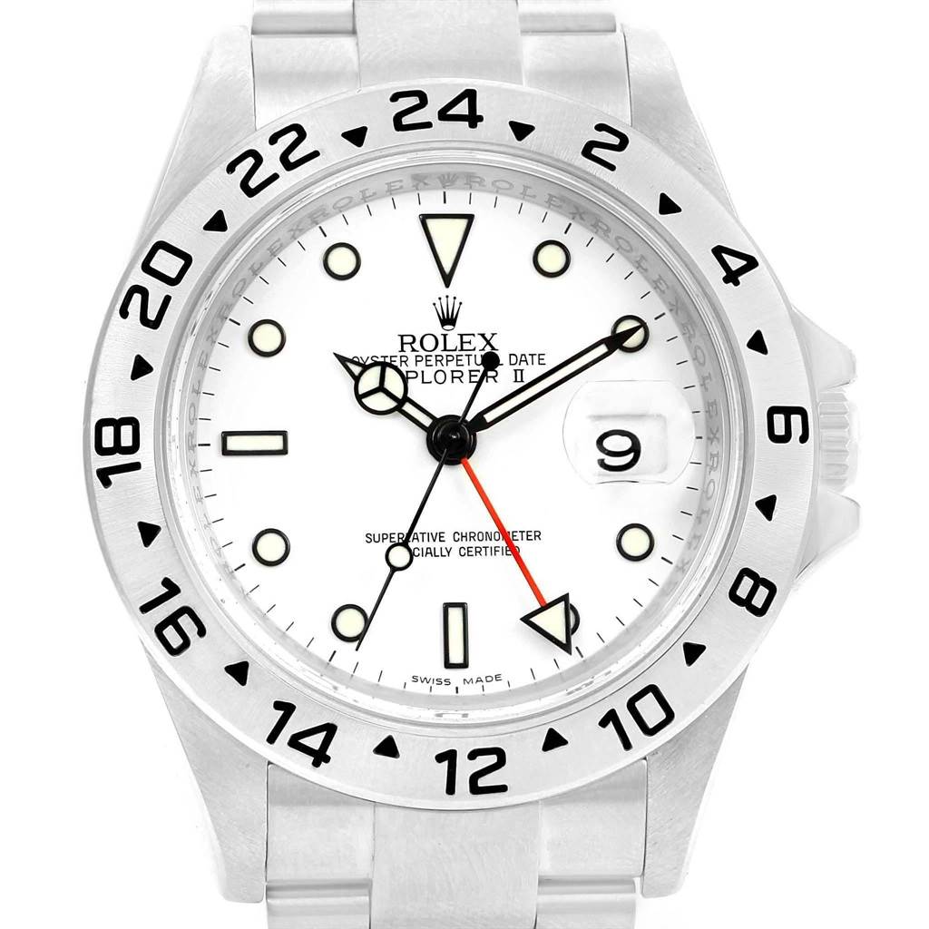 The image shows a front view of a Rolex Explorer 16570 Men's Stainless Steel White Dial 16570 Men's Stainless Steel White Dial watch, displaying its white dial, black markings, and date feature.