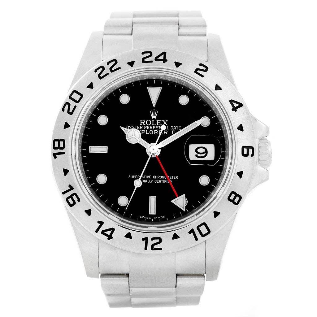 The image shows a front view of a Rolex Explorer 16570 Men's Stainless Steel Black Dial 16570 Men's Stainless Steel Black Dial watch, displaying the face, bezel, and part of the bracelet.