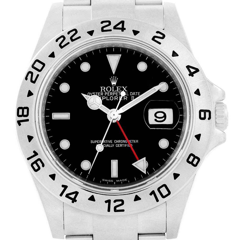 The Rolex Explorer 16570 Men's Stainless Steel Black Dial 16570 Men's Stainless Steel Black Dial model watch is shown from a top-down angle, displaying the face, bezel, and part of the bracelet.