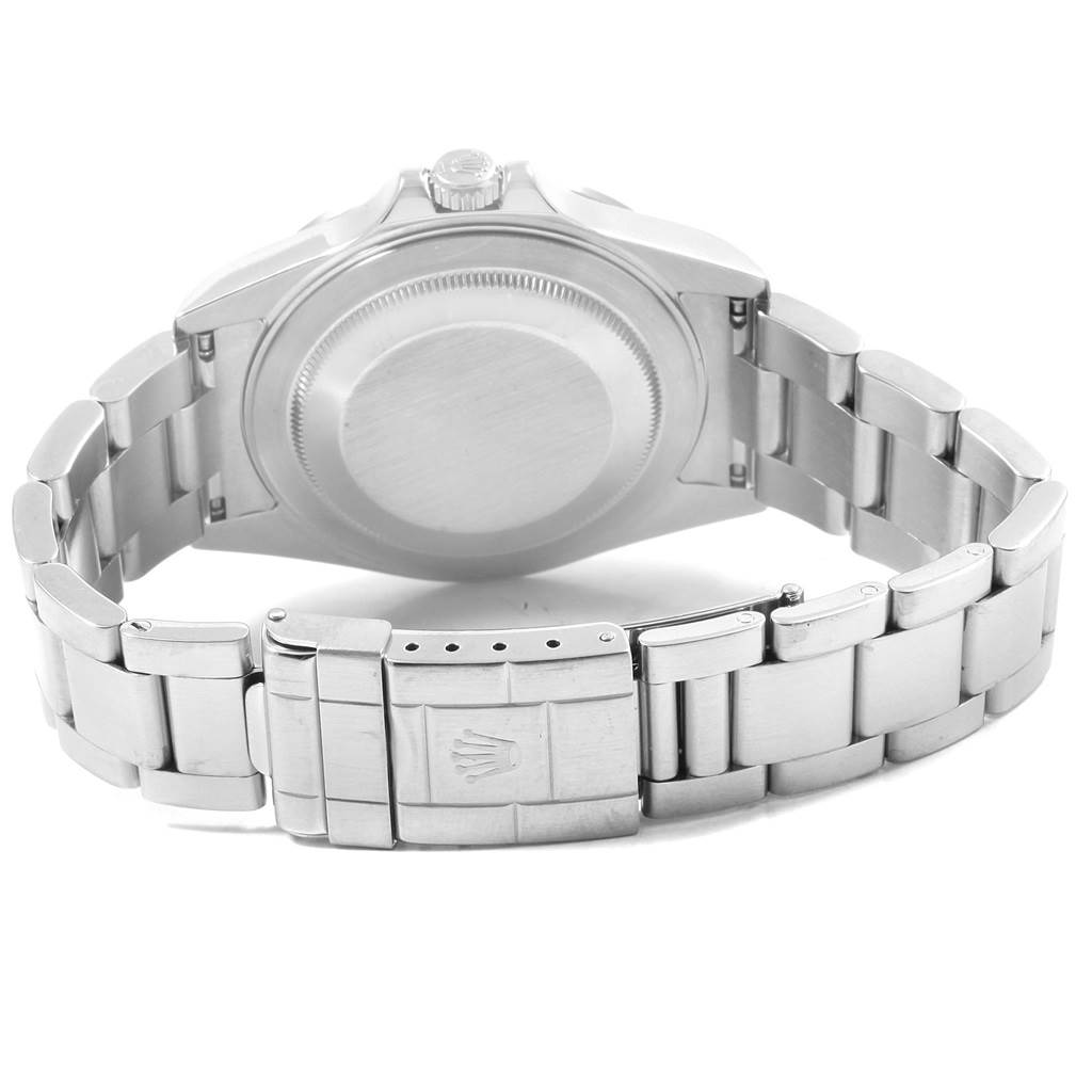 The image shows the back case and bracelet of a Rolex Explorer 16570 Men's Stainless Steel Black Dial 16570 Men's Stainless Steel Black Dial watch, including the clasp and crown logo.