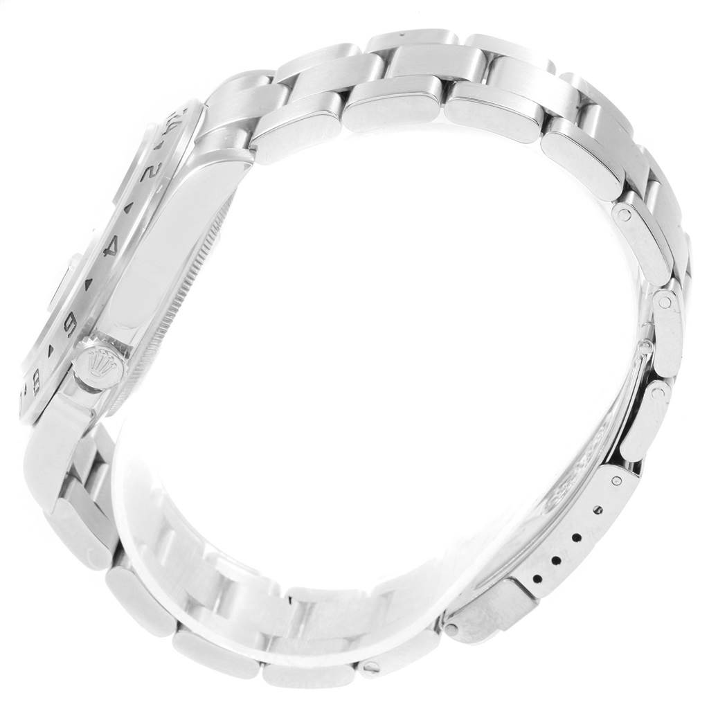 The image shows a side view of the Rolex Explorer 16570 Men's Stainless Steel Black Dial 16570 Men's Stainless Steel Black Dial model, highlighting its bracelet, clasp, and crown.