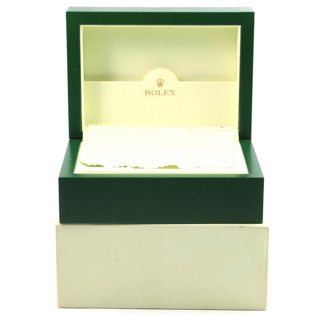 This image shows an open empty Rolex Explorer 216570 Men's Stainless Steel Black Dial 216570 Men's Stainless Steel Black Dial watch box viewed from the front.