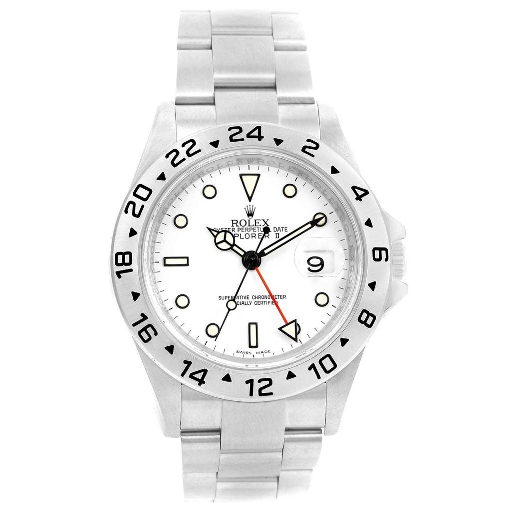 The image shows a front view of a Rolex Explorer 16570 Men's Stainless Steel White Dial 16570 Men's Stainless Steel White Dial watch, featuring a white dial, date display, and stainless steel bracelet.