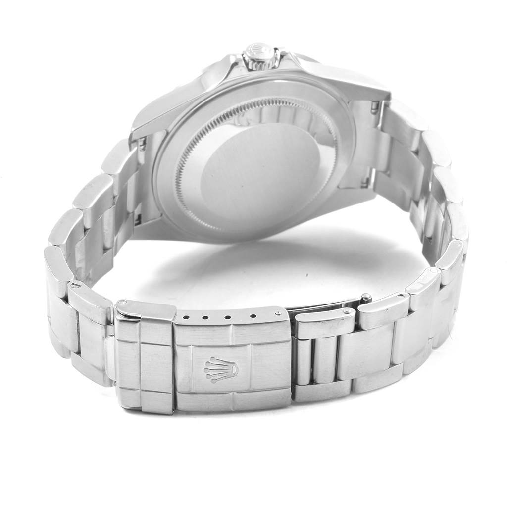 This image shows the back and clasp of a Rolex Explorer 16570 Men's Stainless Steel White Dial 16570 Men's Stainless Steel White Dial watch at an angle displaying the bracelet and case back.