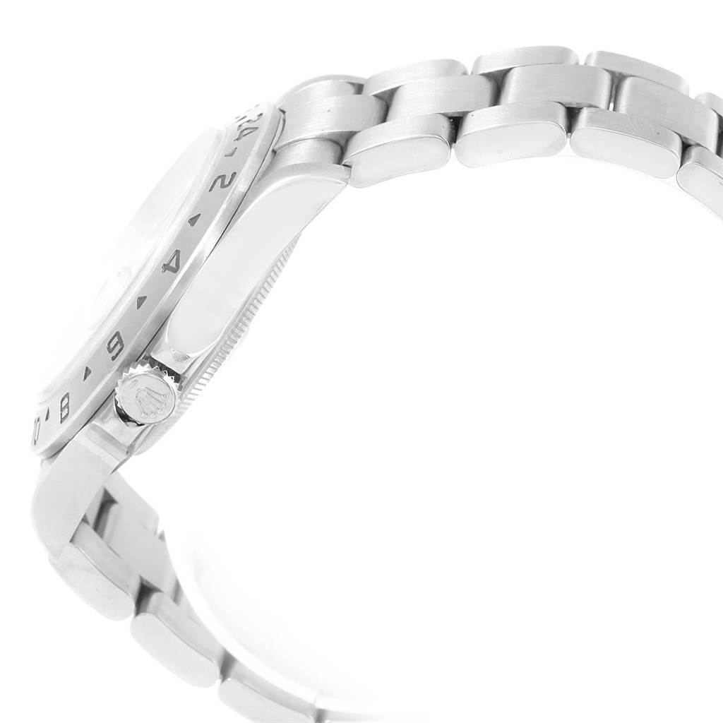 The image shows a side view of a Rolex Explorer 16570 Men's Stainless Steel White Dial 16570 Men's Stainless Steel White Dial watch, highlighting its bezel, crown, and metal bracelet.