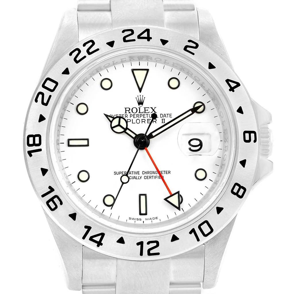 This image shows a frontal view of the Rolex Explorer 16570 Men's Stainless Steel White Dial 16570 Men's Stainless Steel White Dial watch, including its face, bezel, and part of the band.