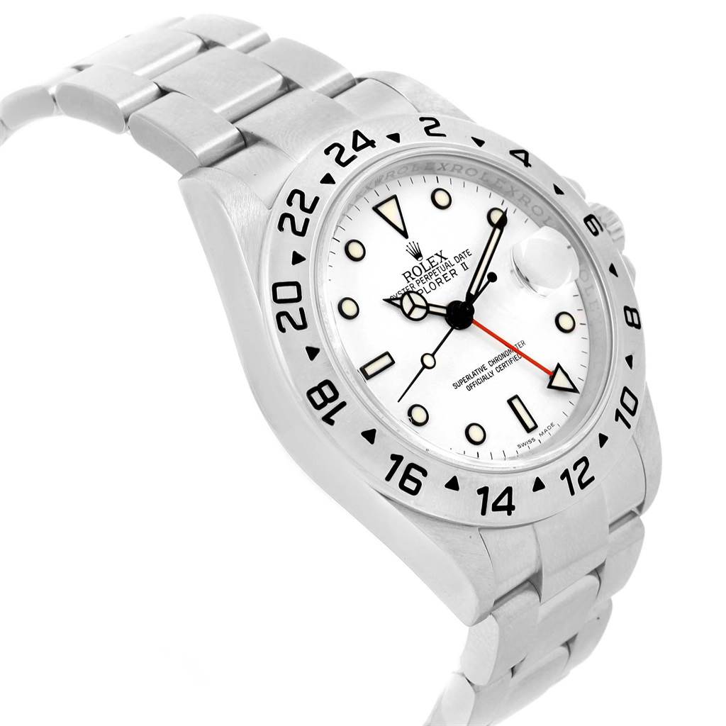 The image shows a side angle of a Rolex Explorer 16570 Men's Stainless Steel White Dial 16570 Men's Stainless Steel White Dial watch, featuring its face, bezel, and part of the stainless steel bracelet.