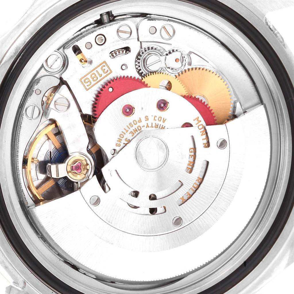 This is a close-up view showing the inner mechanical movement of a Rolex Explorer 16570 Men's Stainless Steel White Dial 16570 Men's Stainless Steel White Dial watch model.