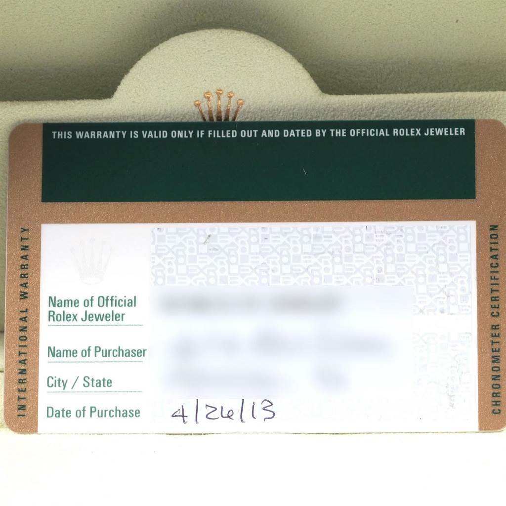 This image shows the warranty card for a Rolex Explorer 216570 Men's Stainless Steel Black Dial 216570 Men's Stainless Steel Black Dial watch.