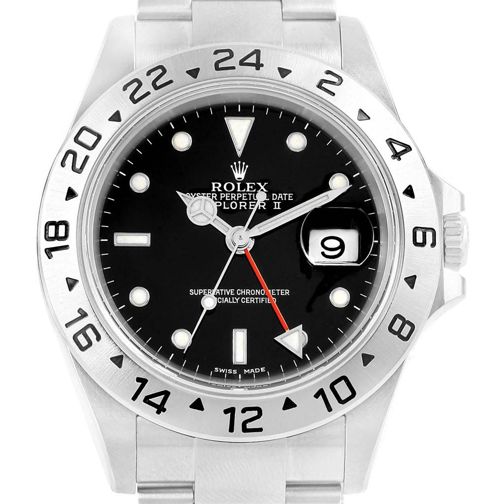 This is a front view of the Rolex Explorer 16570 Men's Stainless Steel Black Dial 16570 Men's Stainless Steel Black Dial watch displaying the dial, bezel, and bracelet.