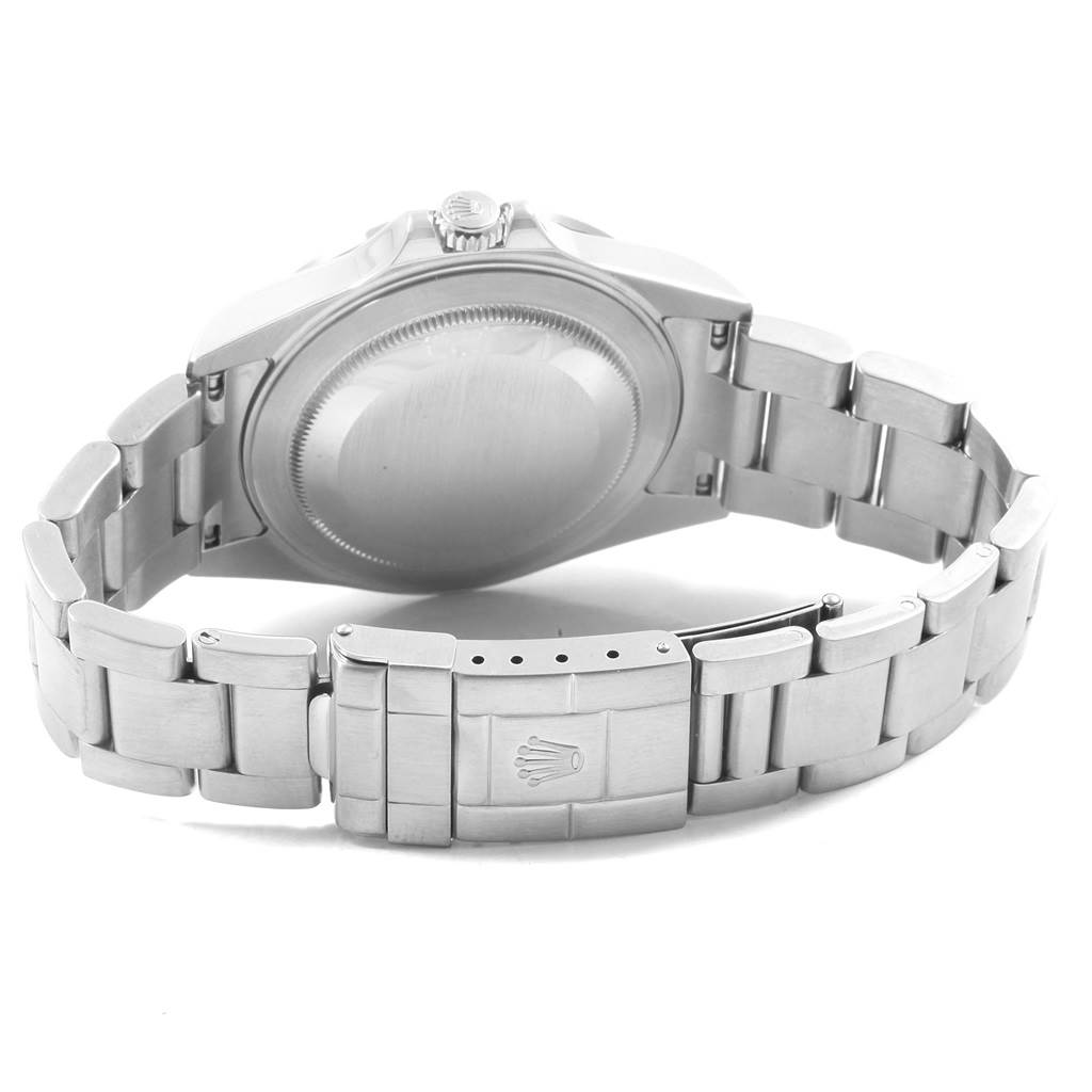 This image shows the back view of a Rolex Explorer 16570 Men's Stainless Steel Black Dial 16570 Men's Stainless Steel Black Dial watch, focusing on the case back, bracelet, and clasp.