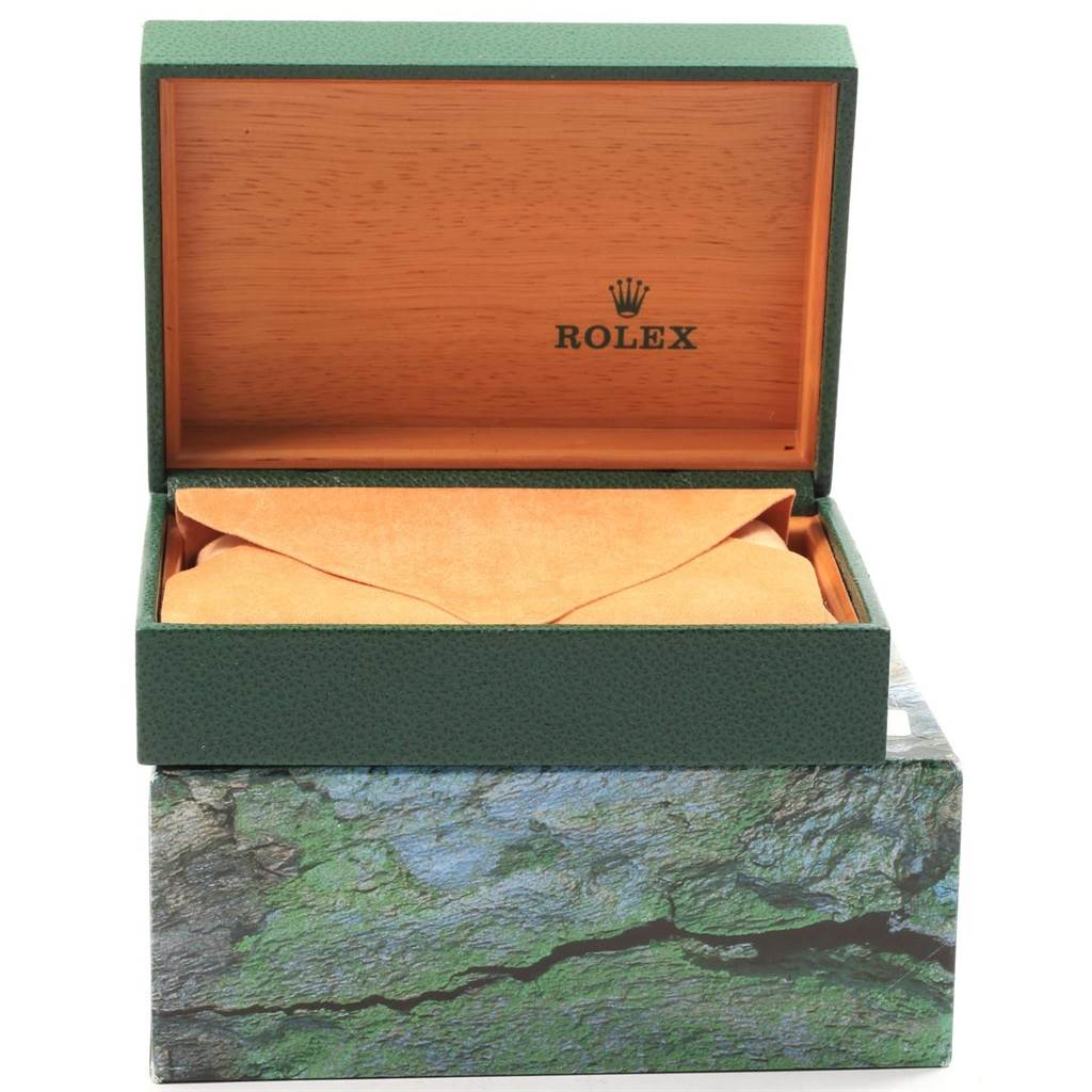 This image shows the box for the Rolex Explorer 16570 Men's Stainless Steel Black Dial 16570 Men's Stainless Steel Black Dial model, featuring the outer and inner protective casing with the Rolex logo inside.