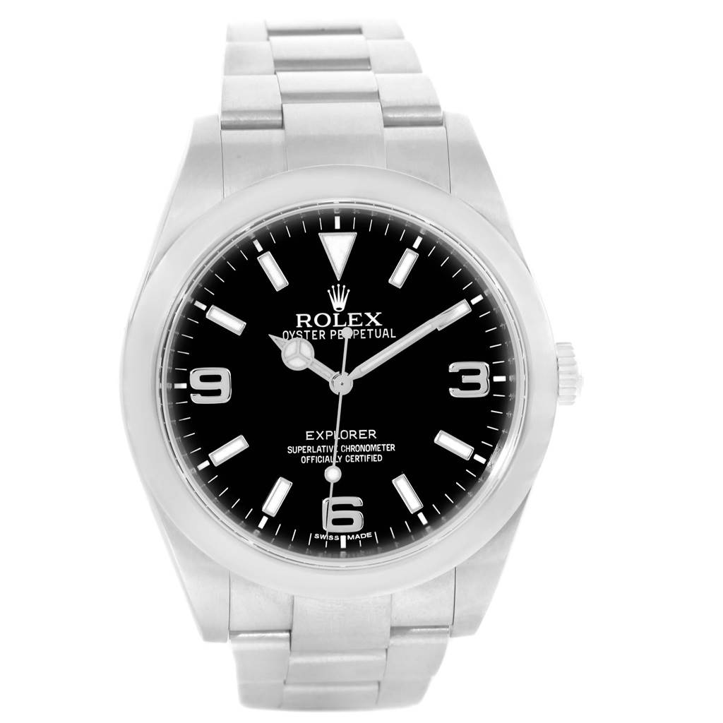 This image shows the front view of the Rolex Explorer 214270 Men
s Stainless Steel Black Dial 214270 Men
s Stainless Steel Black Dial watch, displaying its dial, hands, hour markers, and bracelet.