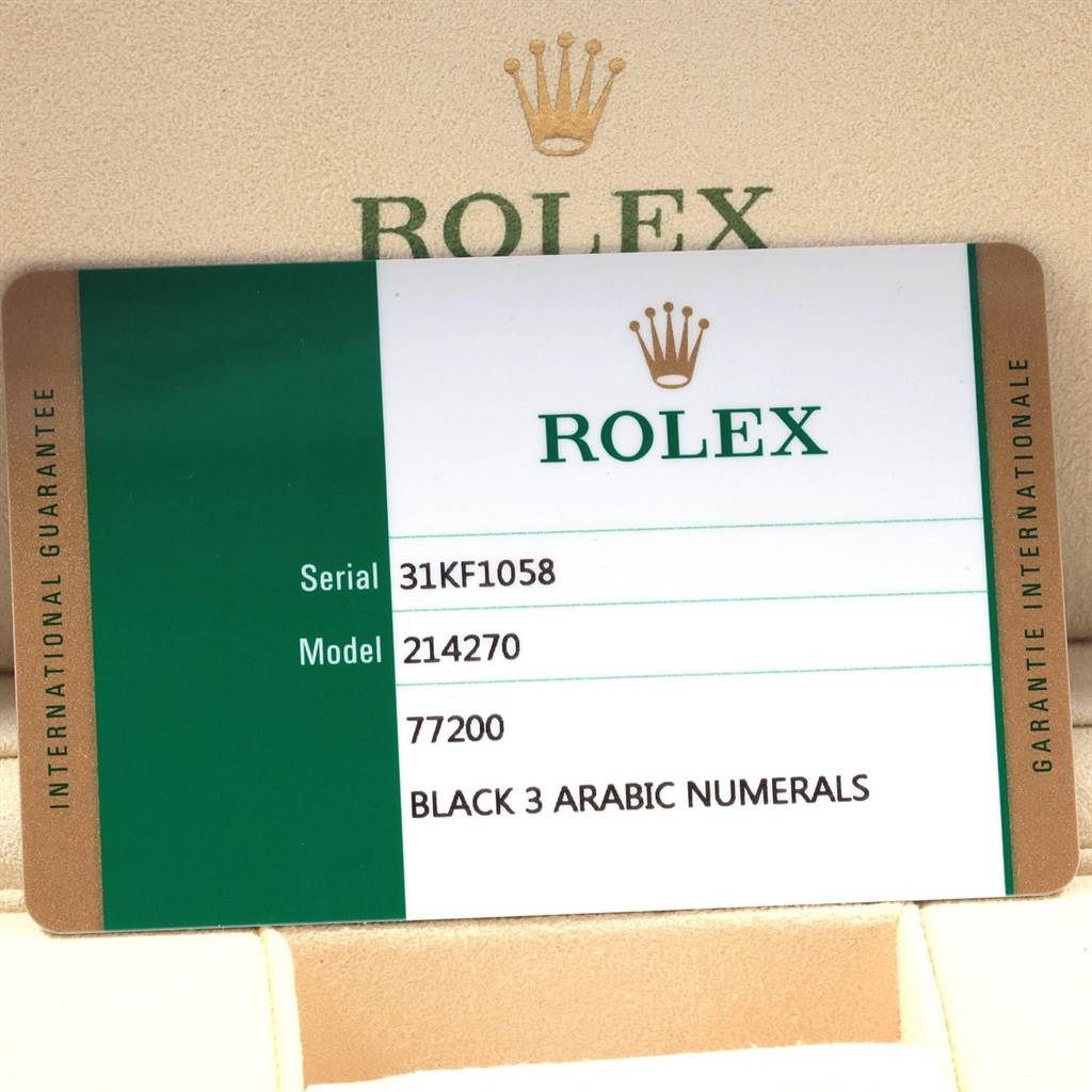 This image shows a close-up of the warranty card for a Rolex Explorer 214270 Men
s Stainless Steel Black Dial 214270 Men
s Stainless Steel Black Dial model 214270.