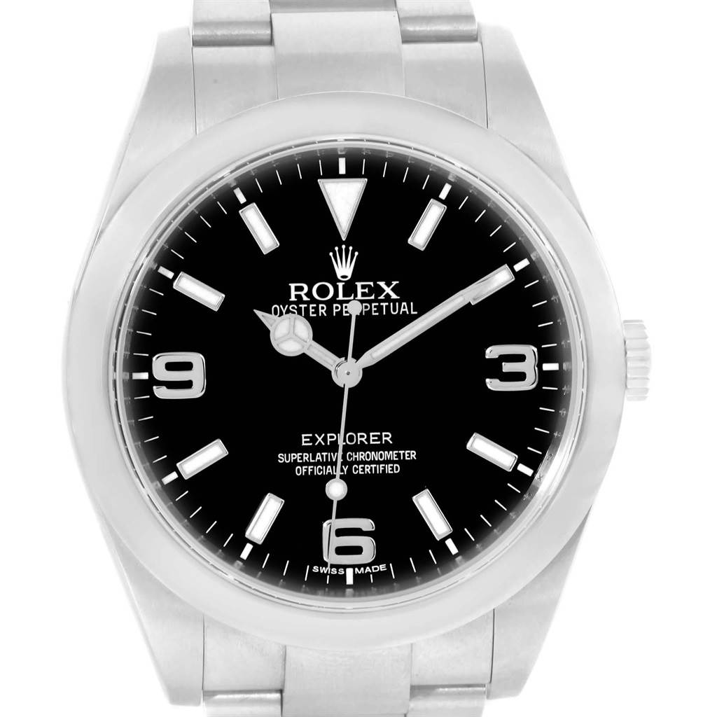 The Rolex Explorer 214270 Men
s Stainless Steel Black Dial 214270 Men
s Stainless Steel Black Dial model watch is shown from a front angle, displaying its black dial, hour markers, hands, and part of its bracelet.