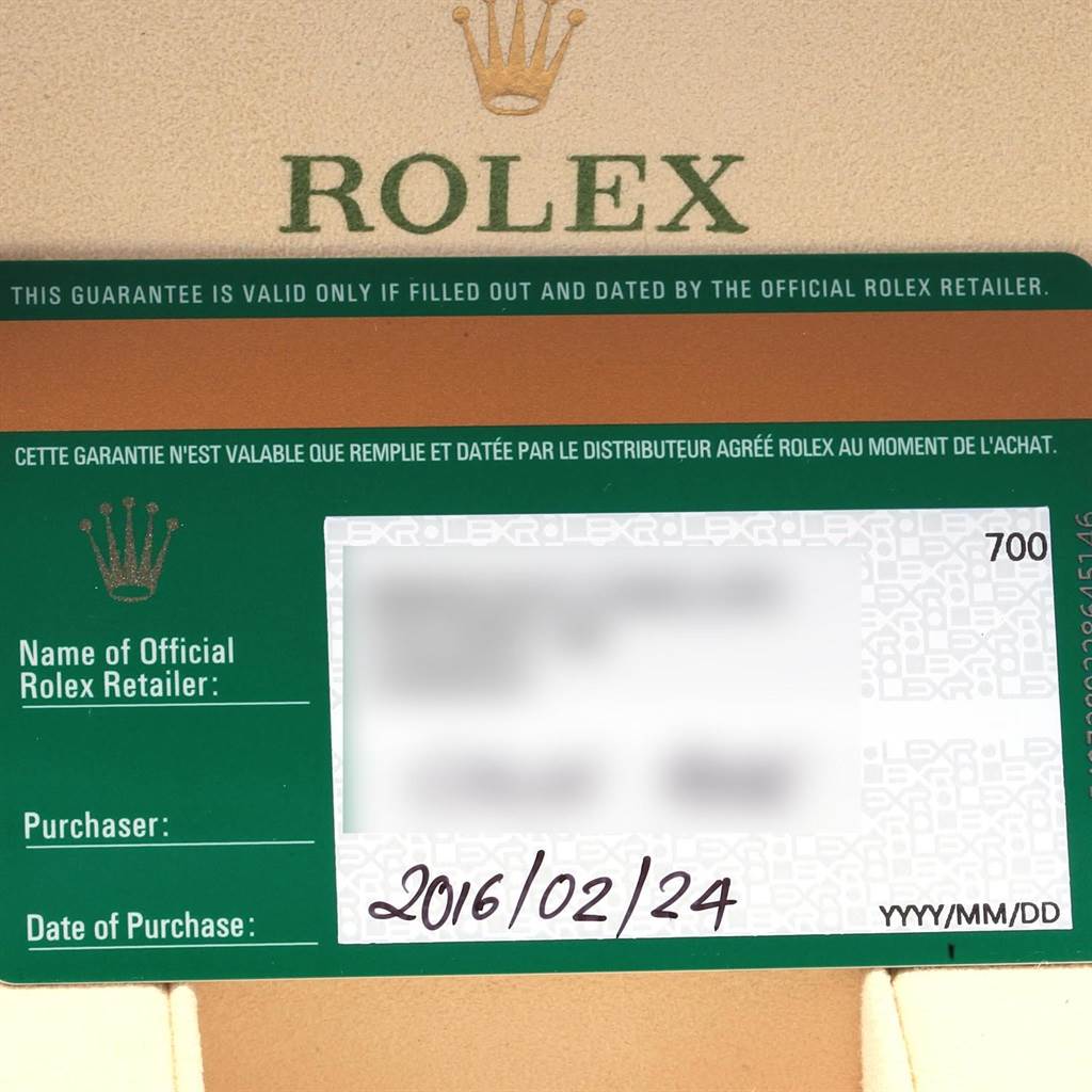This image shows the guarantee card for a Rolex Explorer 214270 Men
s Stainless Steel Black Dial 214270 Men
s Stainless Steel Black Dial watch, including the purchase date and retailer information.