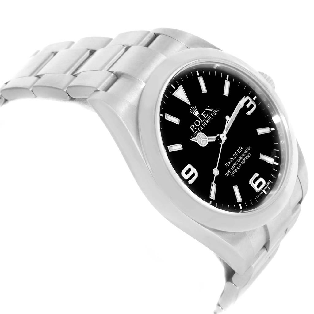 The Rolex Explorer 214270 Men
s Stainless Steel Black Dial 214270 Men
s Stainless Steel Black Dial watch is shown at an angle highlighting the face and part of the bracelet.