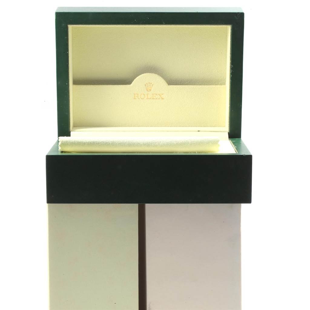 The image shows a Rolex Explorer 216570 Men's Stainless Steel White Dial 216570 Men's Stainless Steel White Dial watch box, open and viewed from the front, with the Rolex logo on the inside lid.