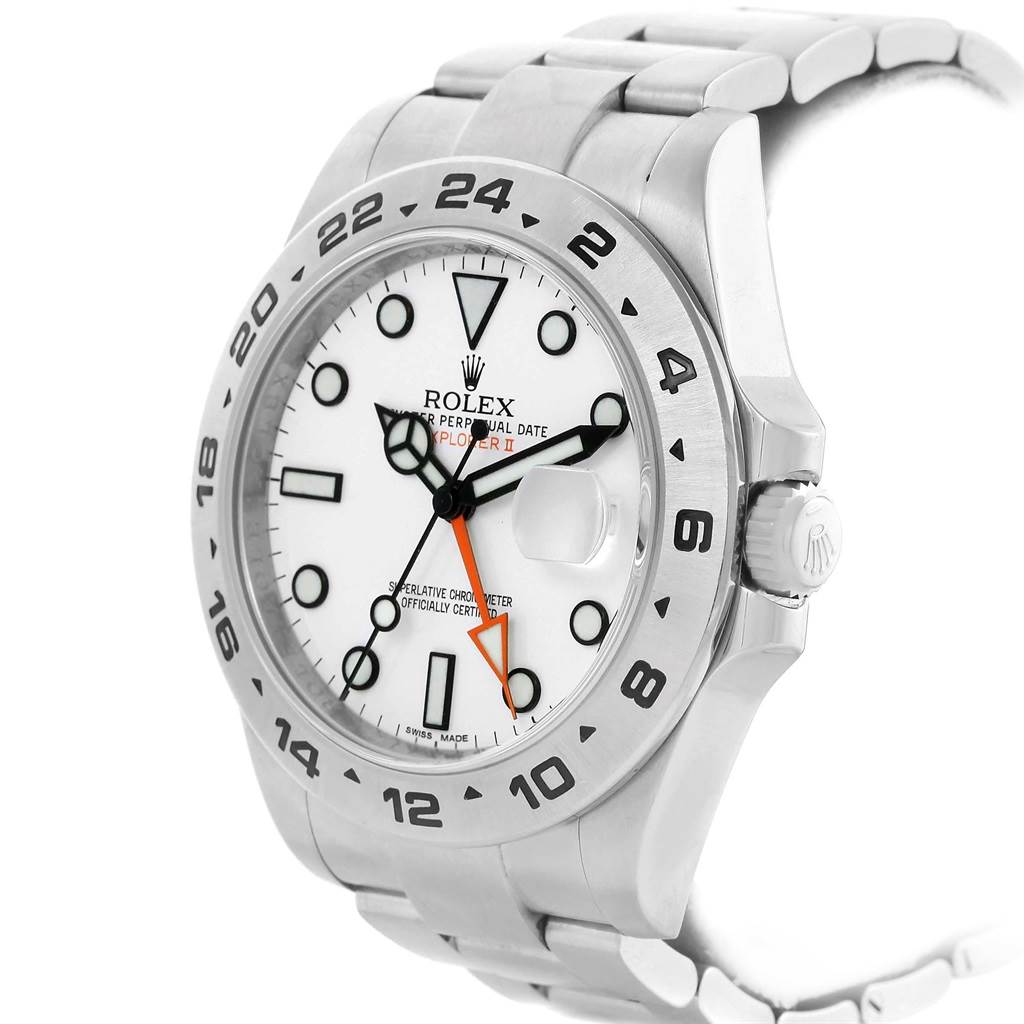 The Rolex Explorer 216570 Men's Stainless Steel White Dial 216570 Men's Stainless Steel White Dial watch is shown at a 3/4 angle, highlighting the face, bezel, crown, and part of the bracelet.