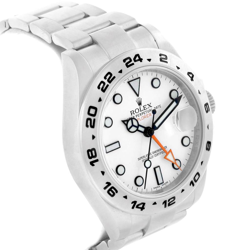 The image shows a close-up of the Rolex Explorer 216570 Men's Stainless Steel White Dial 216570 Men's Stainless Steel White Dial watch, highlighting the white dial, hour markers, hands, bezel, and part of the bracelet.