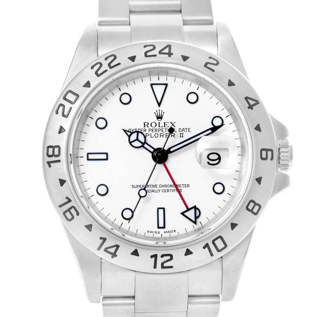 The image shows a front view of a Rolex Explorer 16570 Men's Stainless Steel White Dial 16570 Men's Stainless Steel White Dial watch, displaying the watch face, bezel, and part of the bracelet.