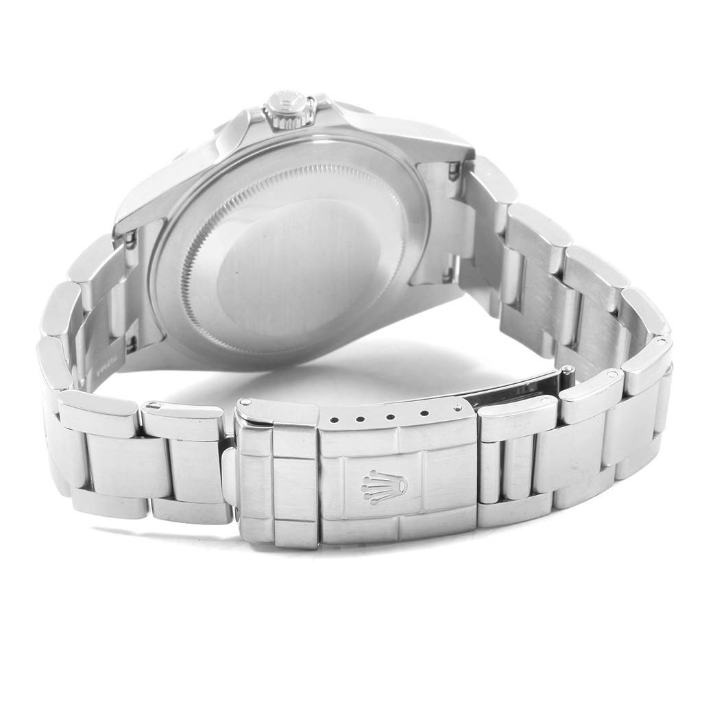 The image shows the back and clasp of a Rolex Explorer 16570 Men's Stainless Steel White Dial 16570 Men's Stainless Steel White Dial watch, with the stainless steel bracelet and case back visible.