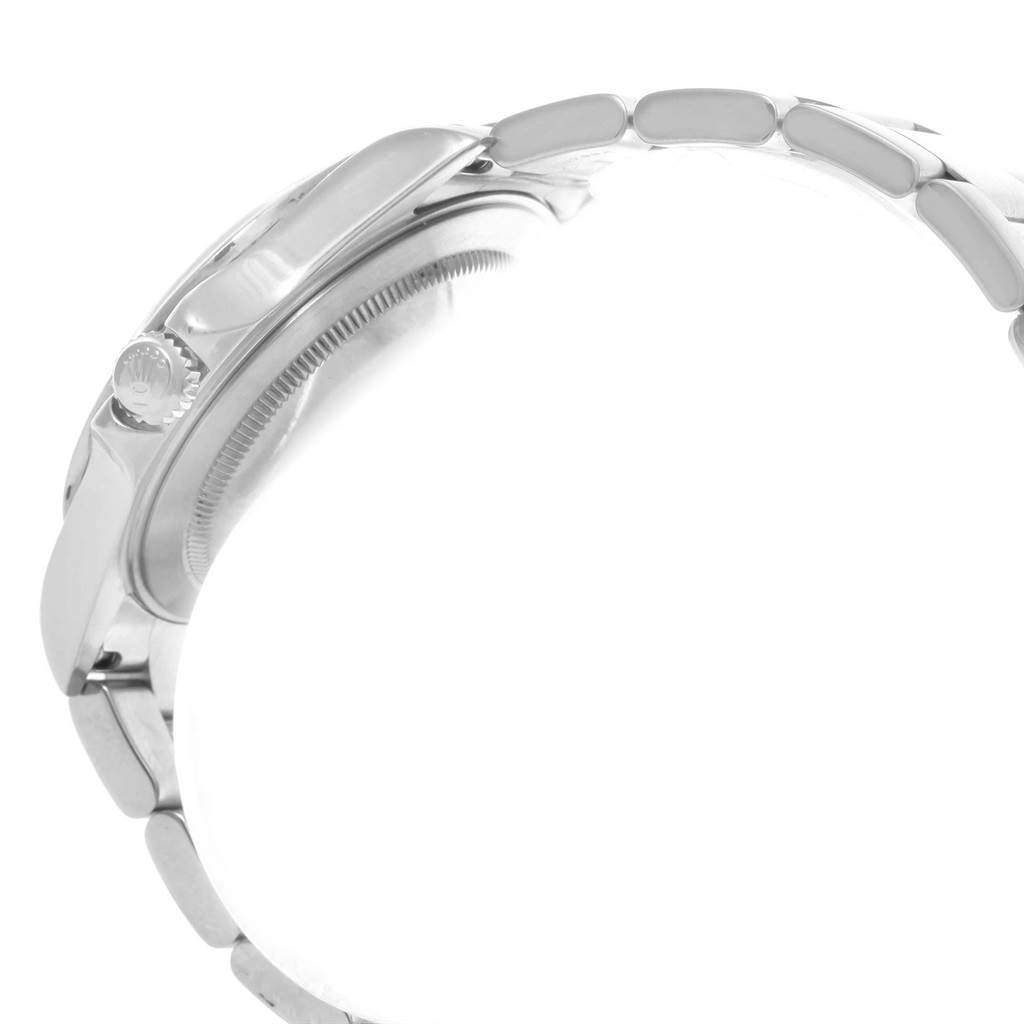 This image shows a side view of the case, crown, and part of the bracelet of a Rolex Explorer 16570 Men's Stainless Steel White Dial 16570 Men's Stainless Steel White Dial model watch.