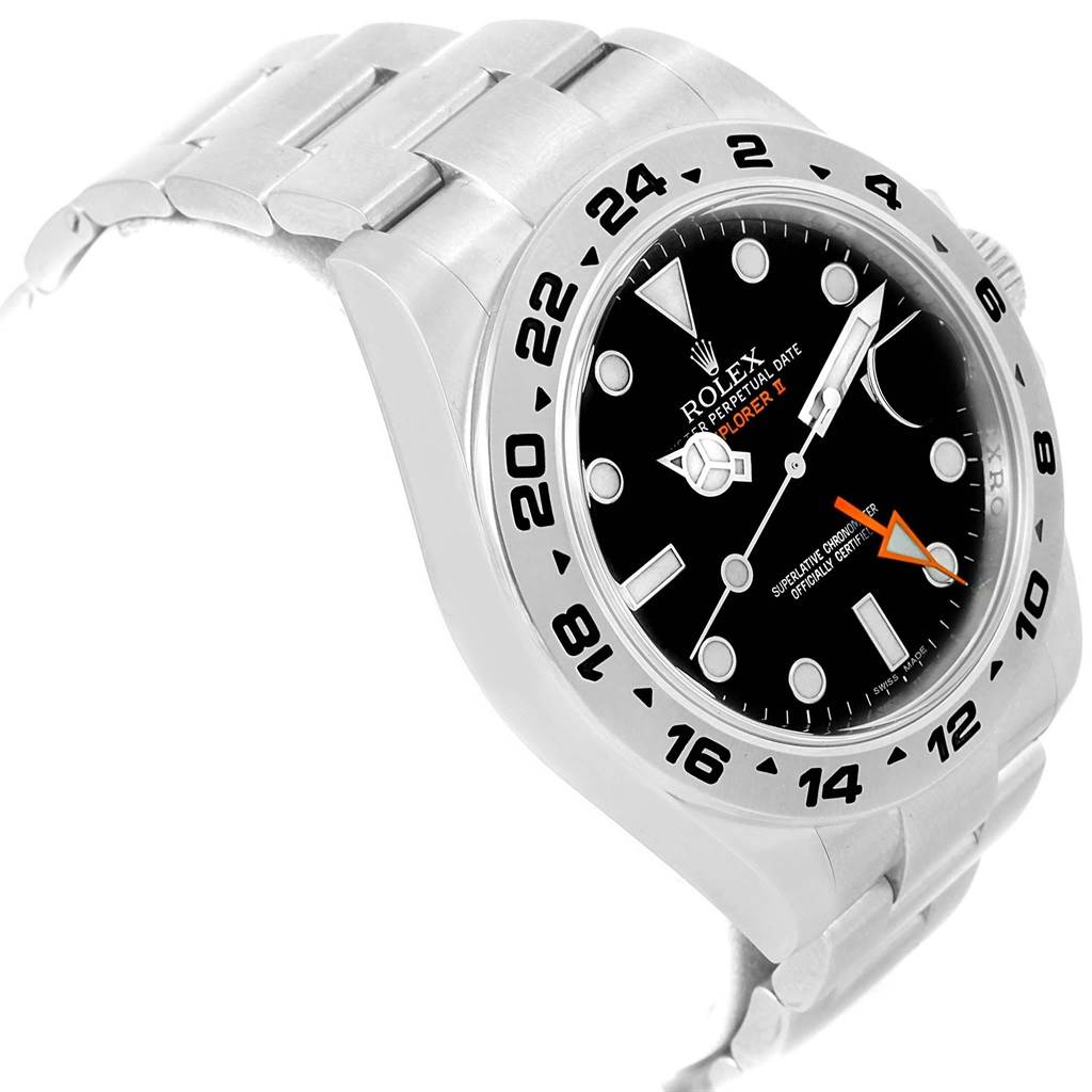 The Rolex Explorer 216570 Men's Stainless Steel Black Dial 216570 Men's Stainless Steel Black Dial watch is shown from a three-quarter angle, highlighting its bezel, dial, and part of the bracelet.