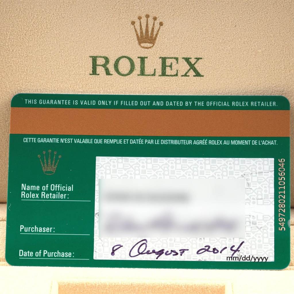 The image shows the guarantee card for a Rolex Explorer 216570 Men's Stainless Steel White Dial 216570 Men's Stainless Steel White Dial watch, indicating purchase details and retailer information.